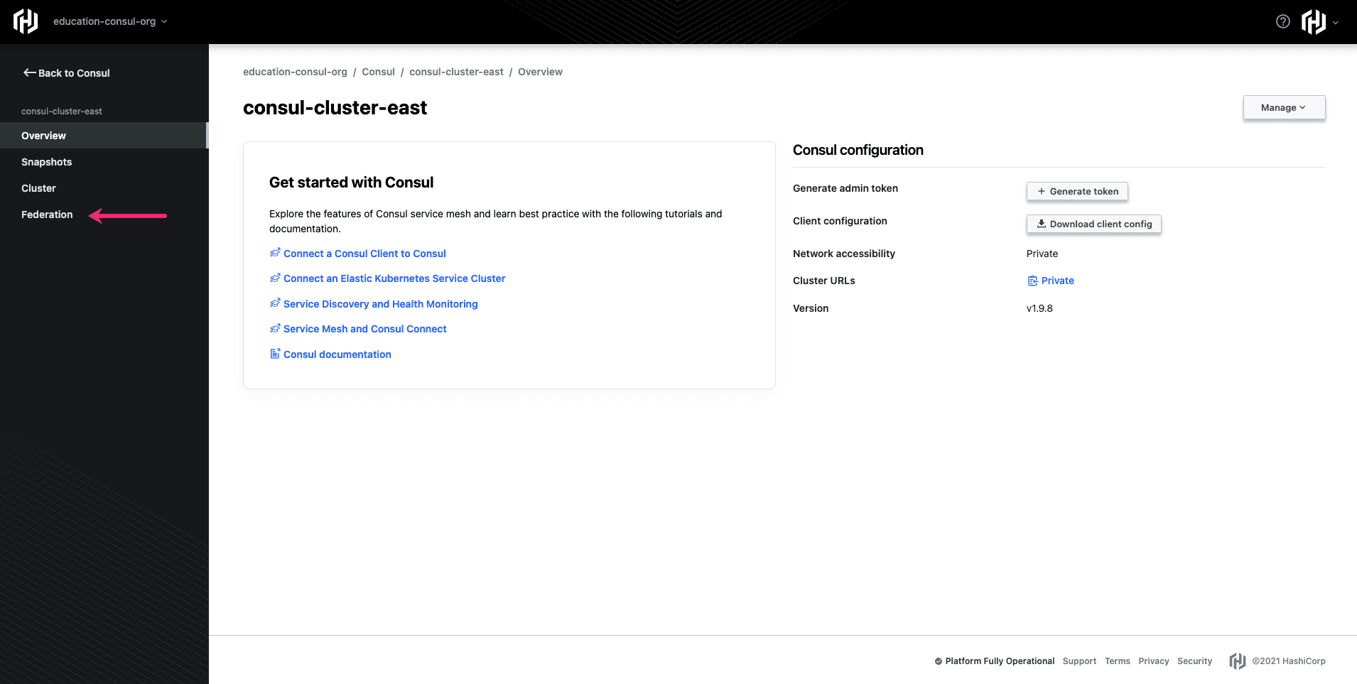 Arrow pointing to the Consul federation link