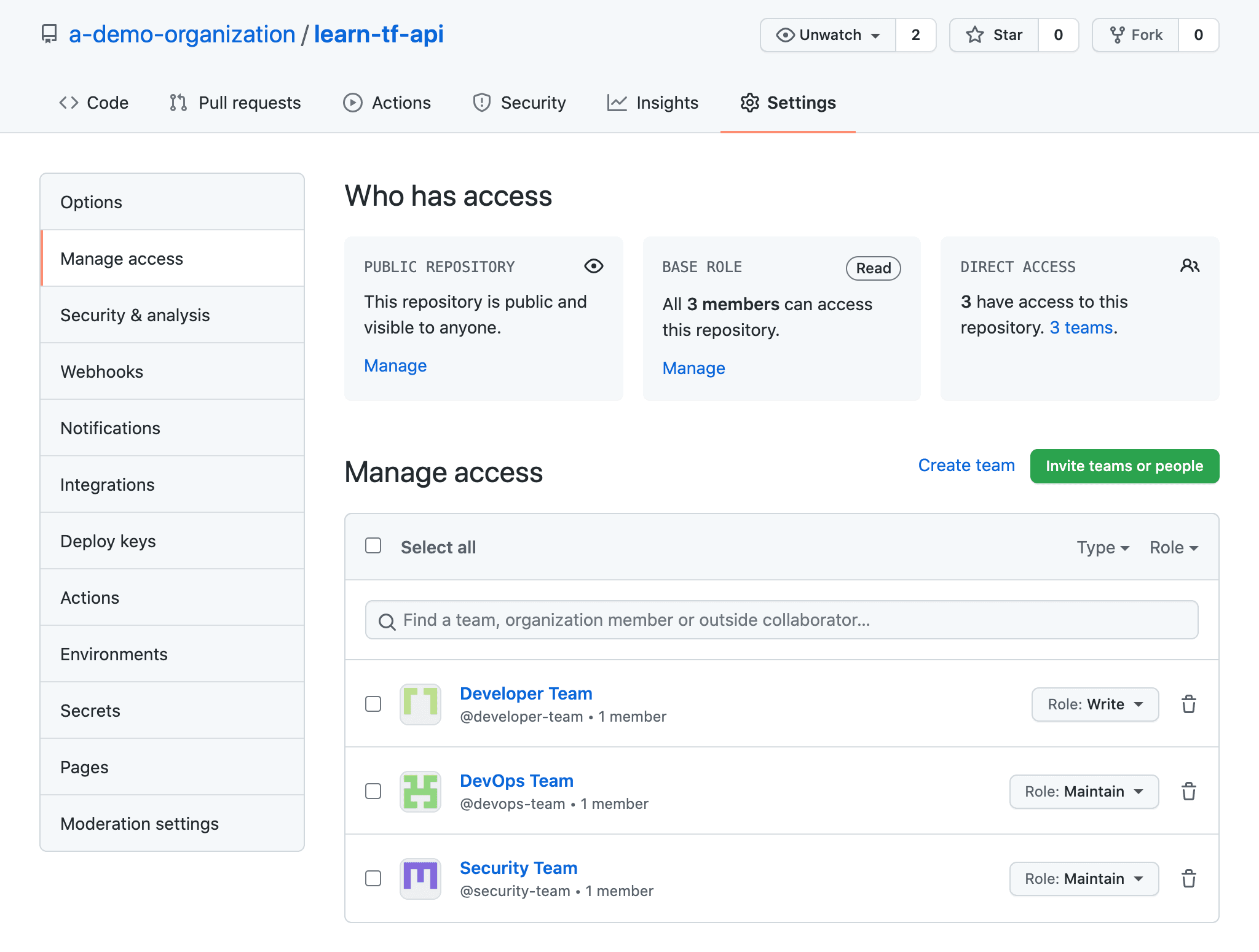 learn-tf-api repository has three teams assigned to it.