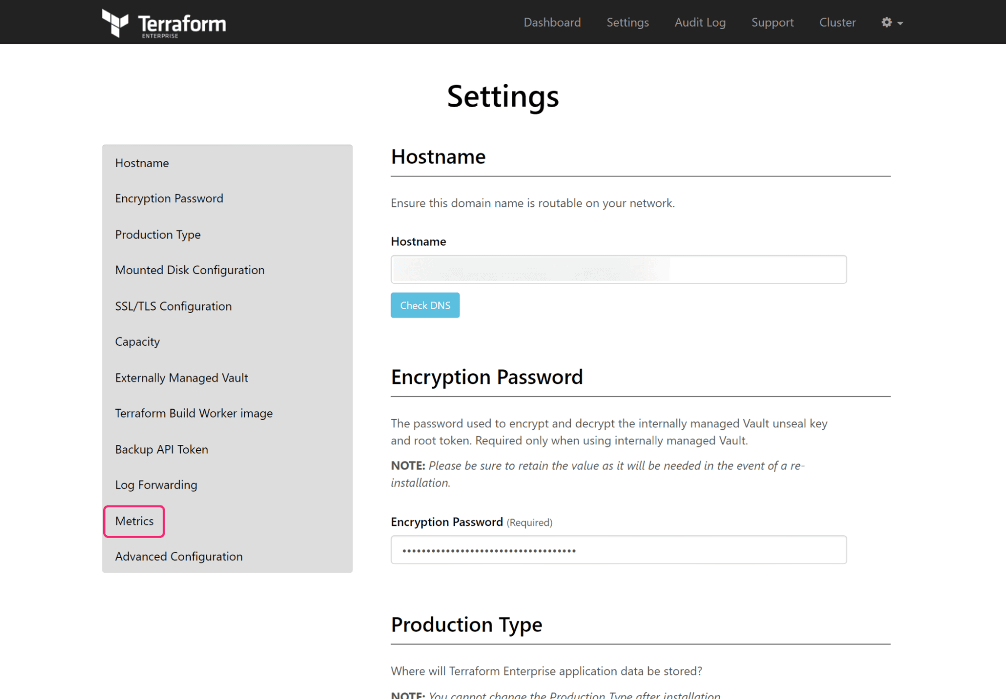 The Terraform Enterprise settings screen with the word "Metrics" highlighted