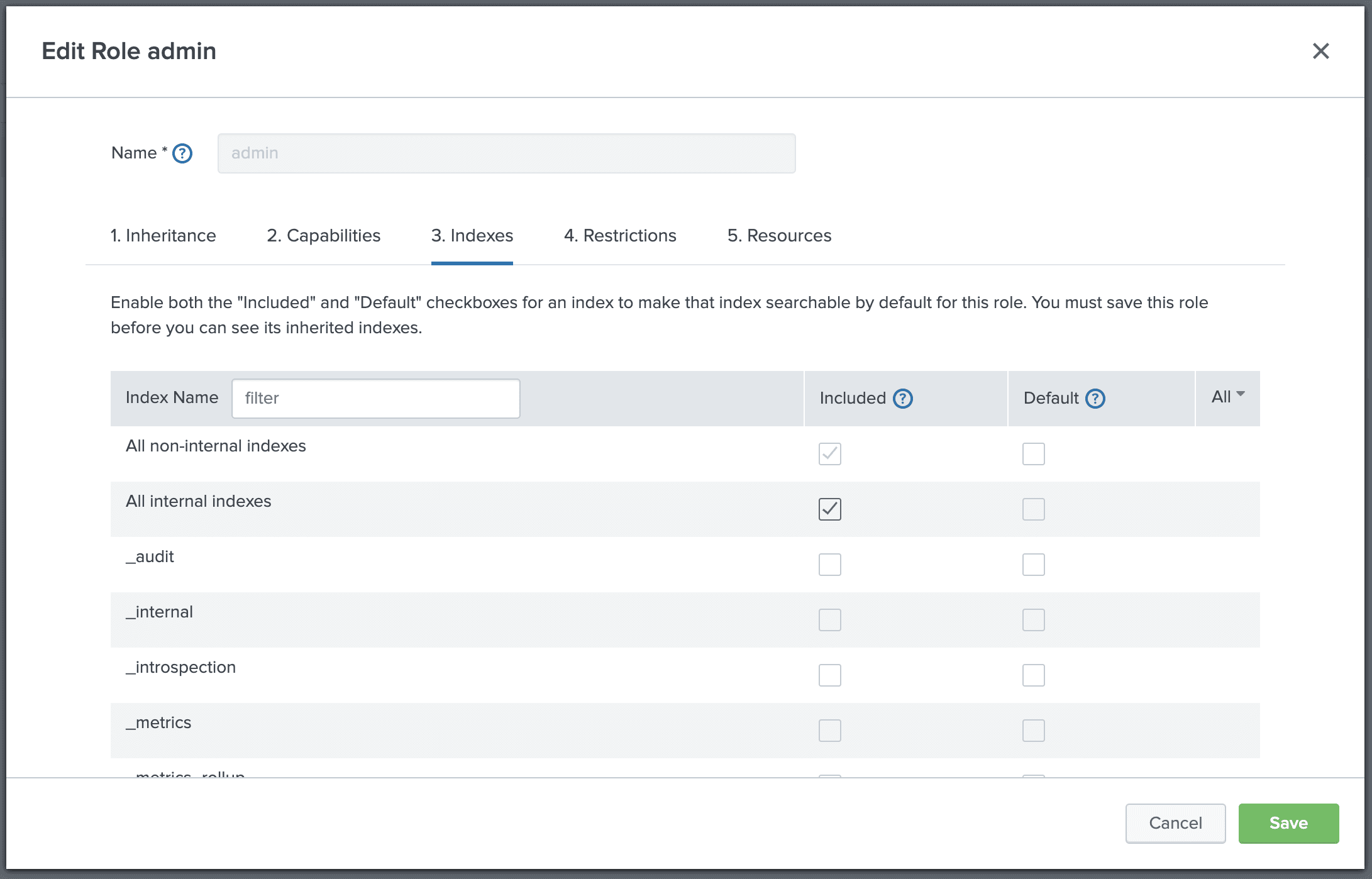 Example admin role settings screen